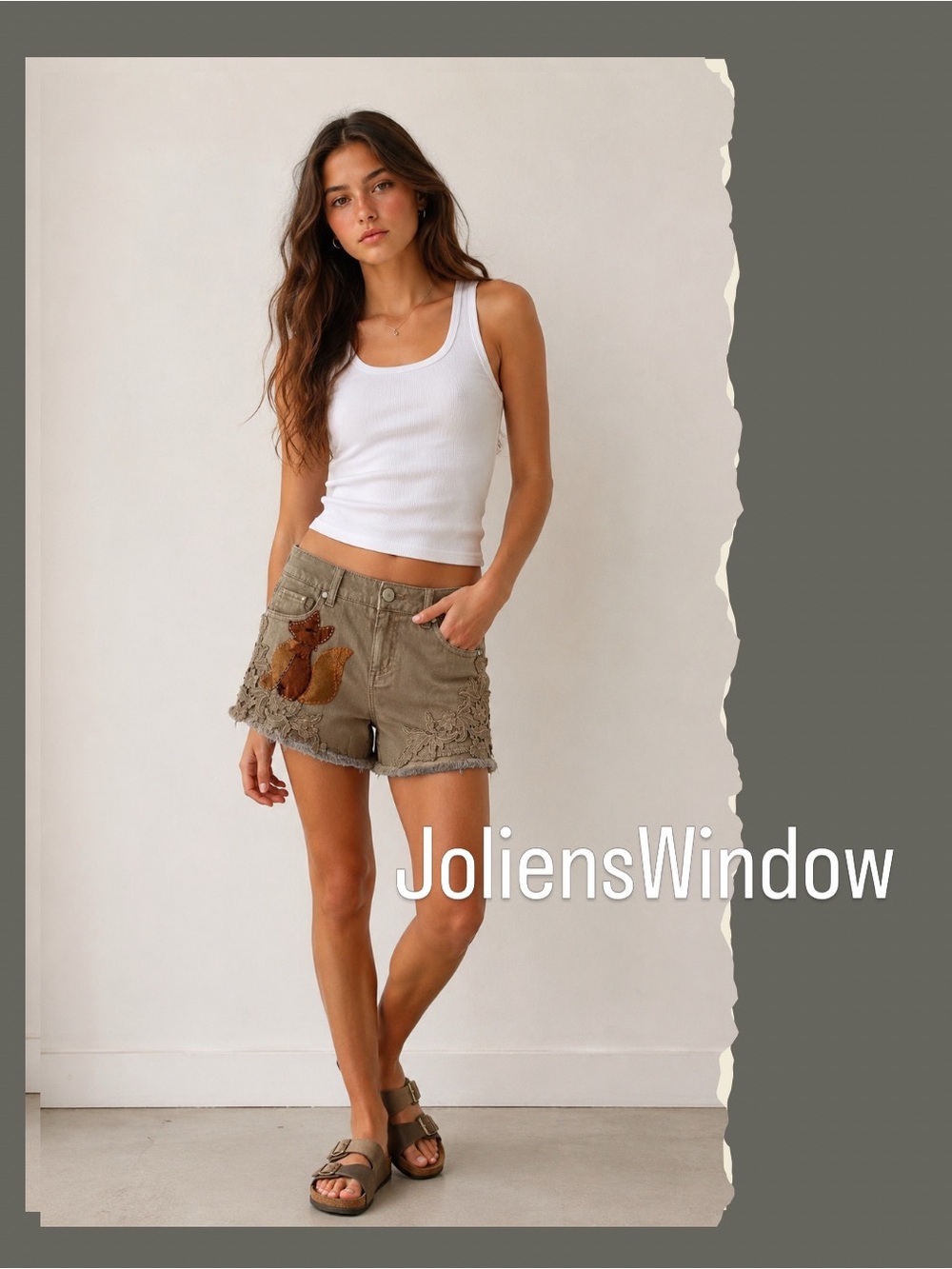 Reworked patchwork Tan and brown lace embroidered fox shorts